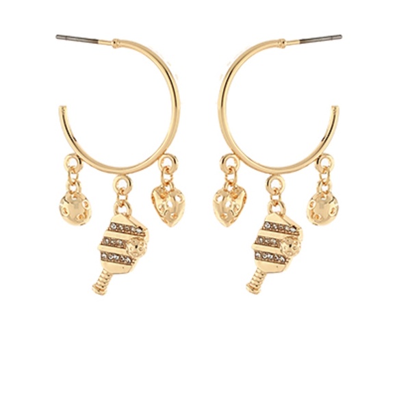 Pickleball 3 Charm Dangle Hoops - Picture 1 of 1